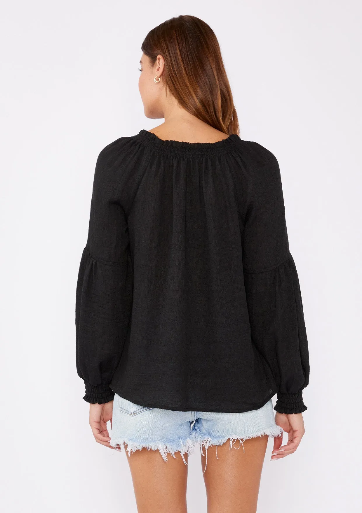 Bishop Sleeve Smocked Split Neck Peasant Top