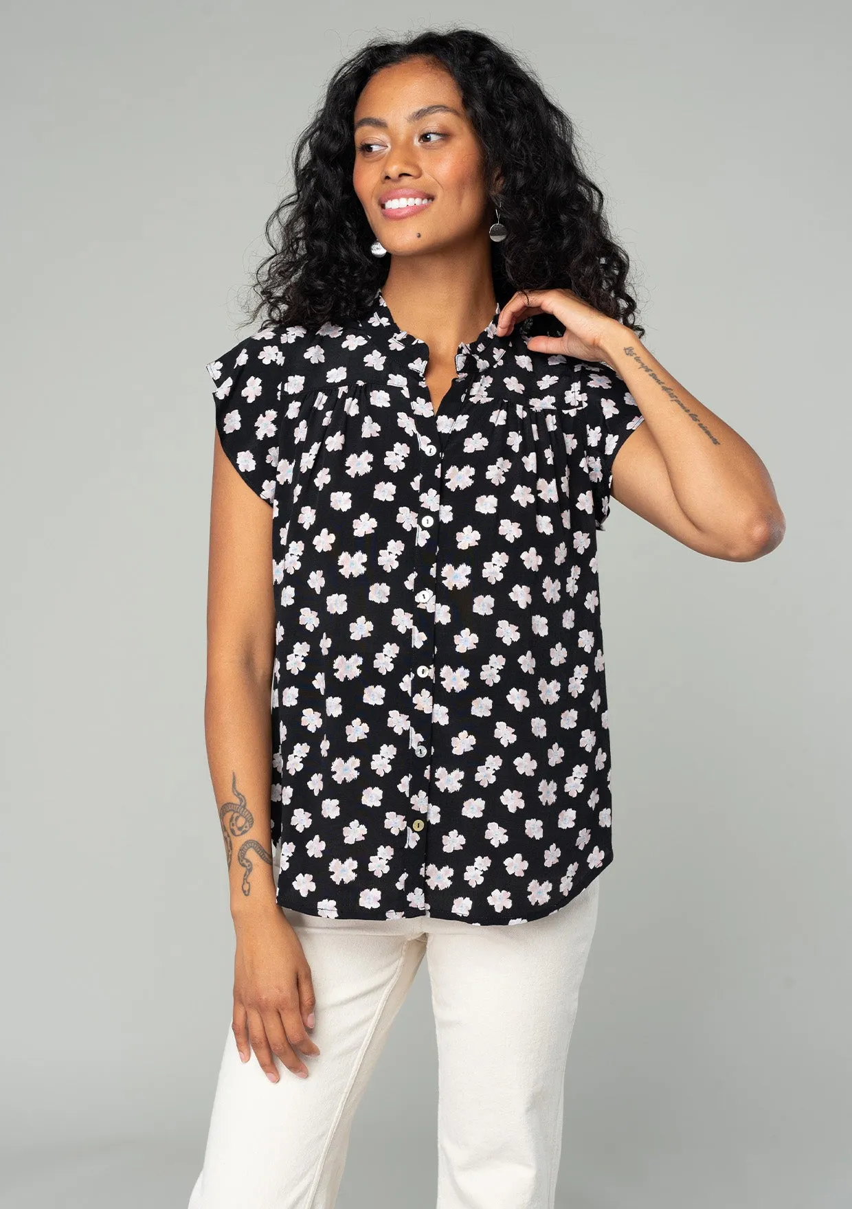 Black Floral Flutter Cap Sleeve Button Down Blouse