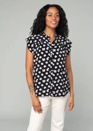 Black Floral Flutter Cap Sleeve Button Down Blouse