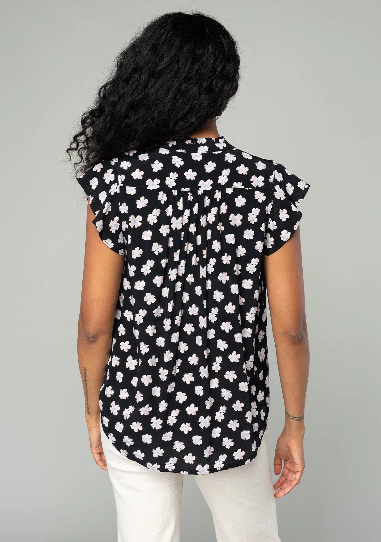 Black Floral Flutter Cap Sleeve Button Down Blouse