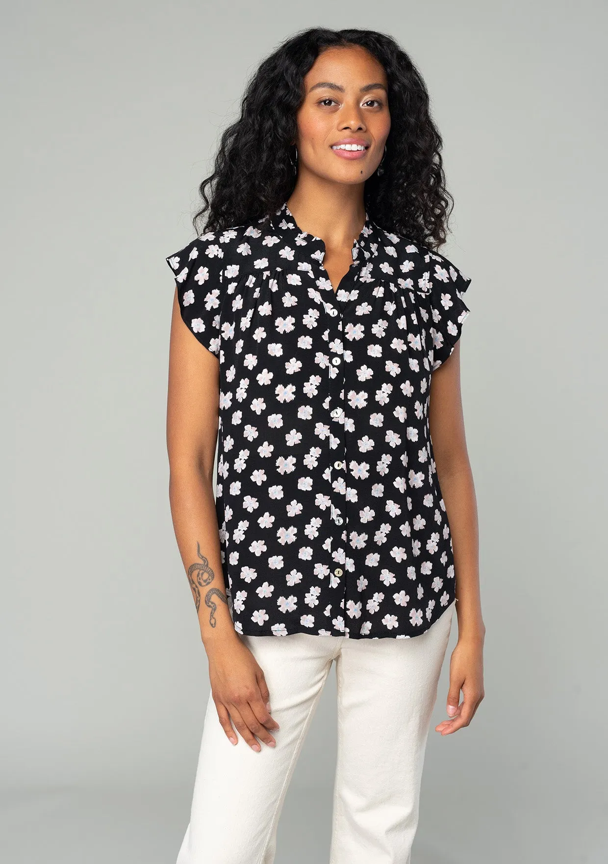 Black Floral Flutter Cap Sleeve Button Down Blouse