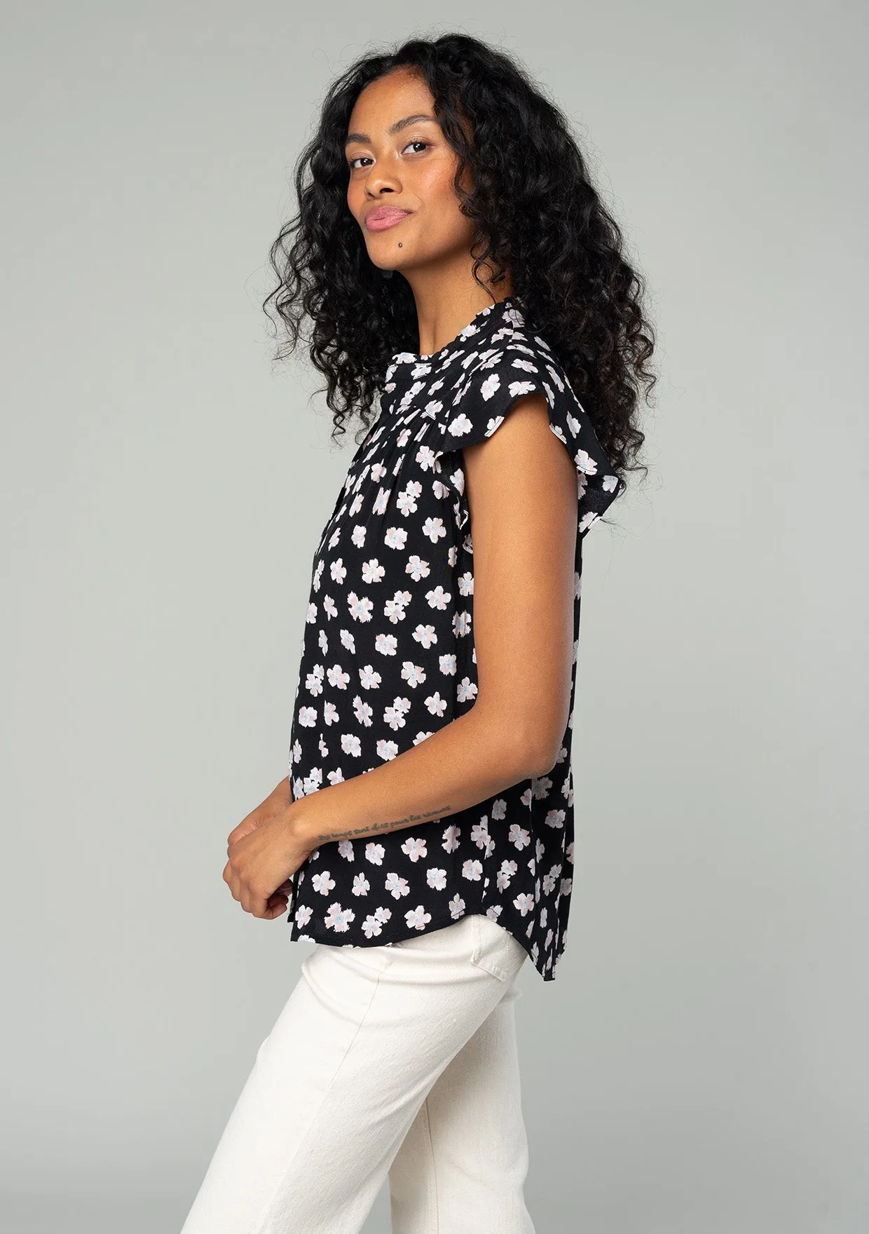 Black Floral Flutter Cap Sleeve Button Down Blouse