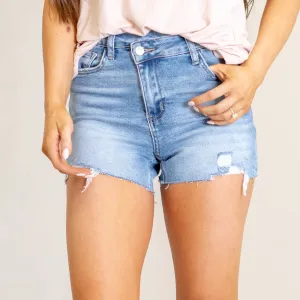 Blue Denim High Rise Criss Crossed Waist Band Shorts