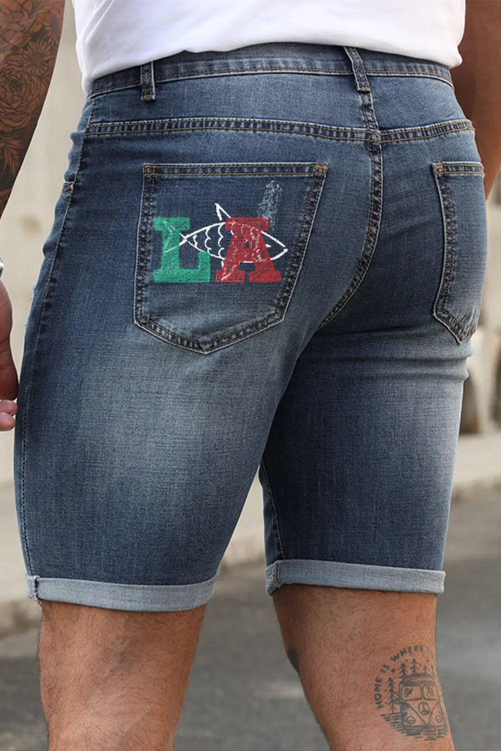 Blue Figure Letter Printed Skinny Fit Men's Denim Shorts