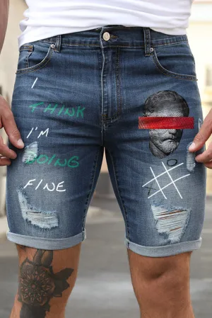 Blue Figure Letter Printed Skinny Fit Men's Denim Shorts