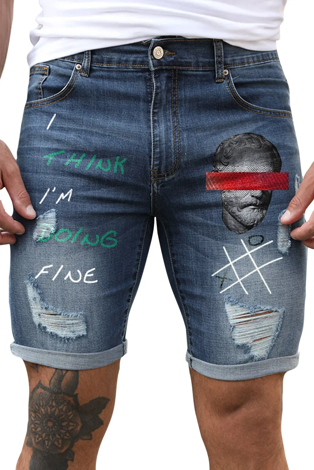 Blue Figure Letter Printed Skinny Fit Men's Denim Shorts