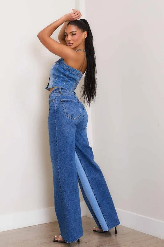 Blue High-Rise Color Block Wide Leg Jeans