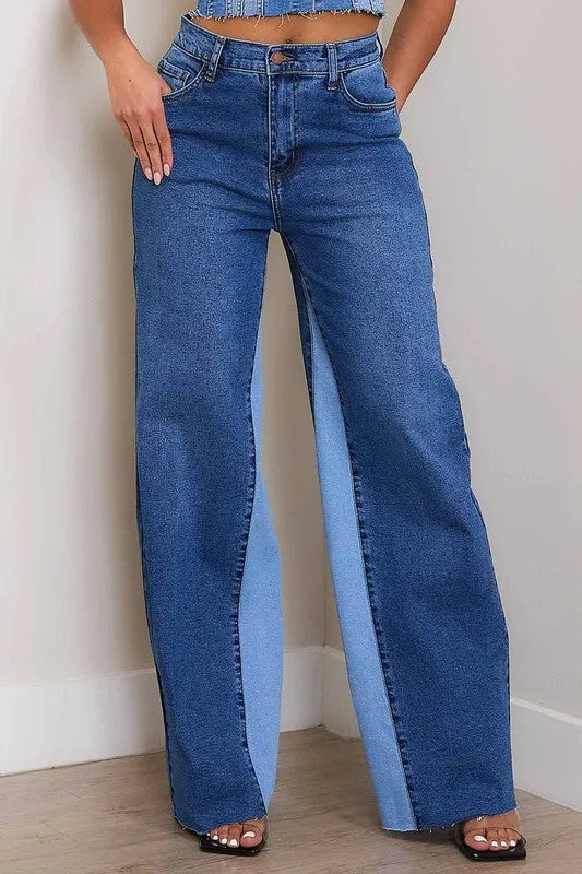 Blue High-Rise Color Block Wide Leg Jeans