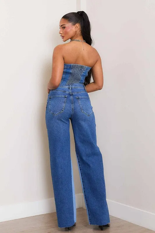 Blue High-Rise Color Block Wide Leg Jeans
