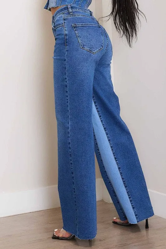 Blue High-Rise Color Block Wide Leg Jeans
