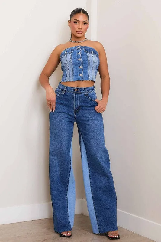 Blue High-Rise Color Block Wide Leg Jeans