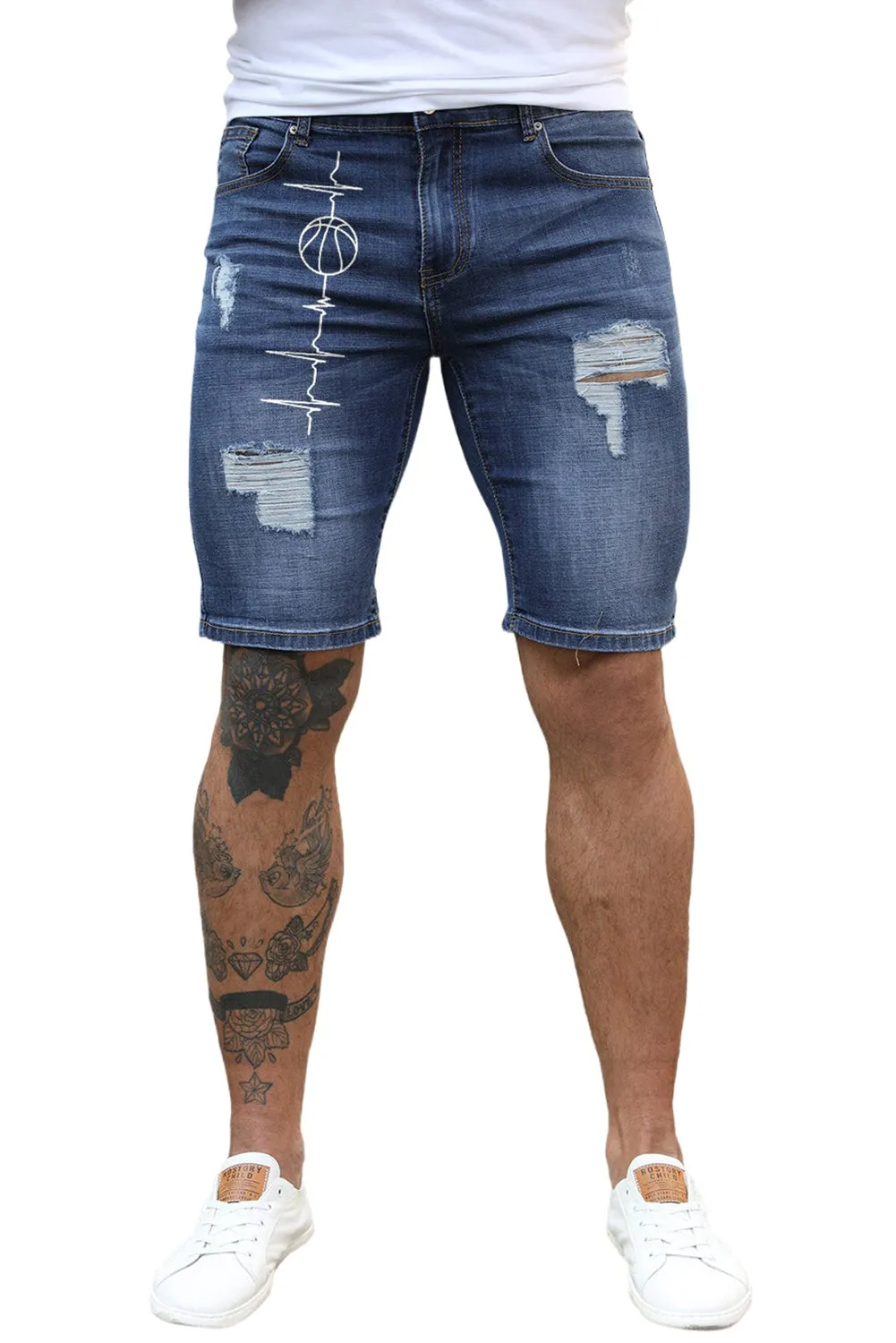 Blue Men's Basketball Printed Skinny Fit Ripped Denim Shorts