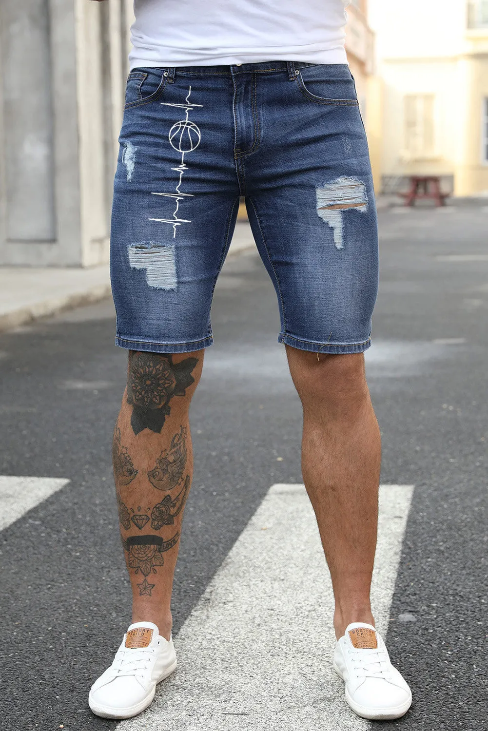 Blue Men's Basketball Printed Skinny Fit Ripped Denim Shorts