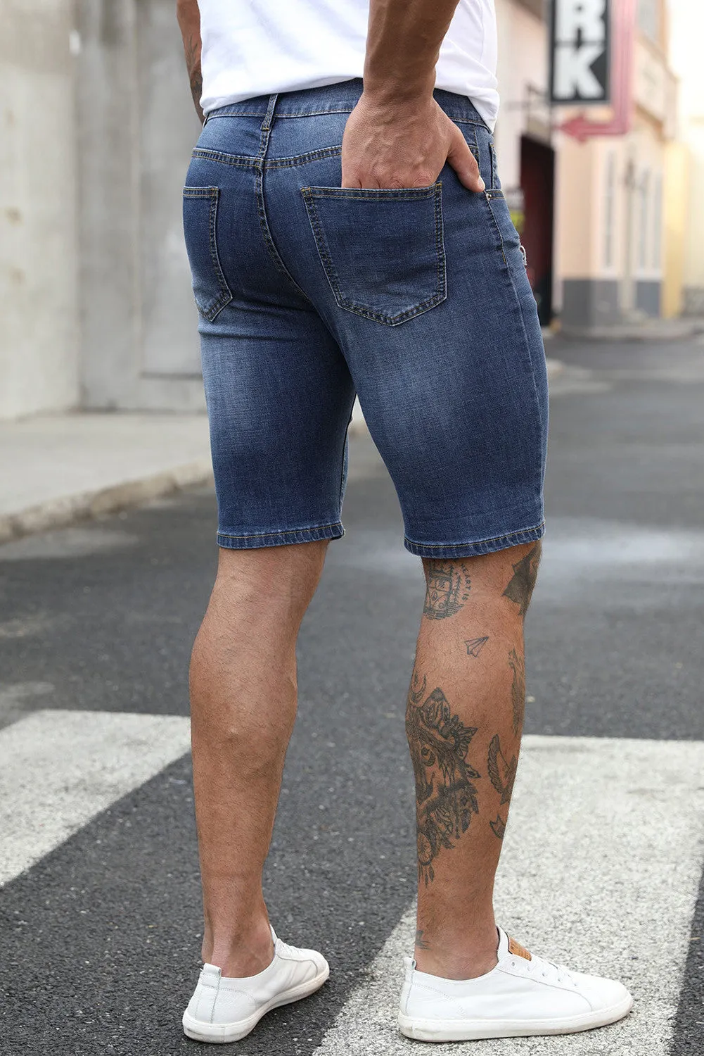 Blue Men's Basketball Printed Skinny Fit Ripped Denim Shorts
