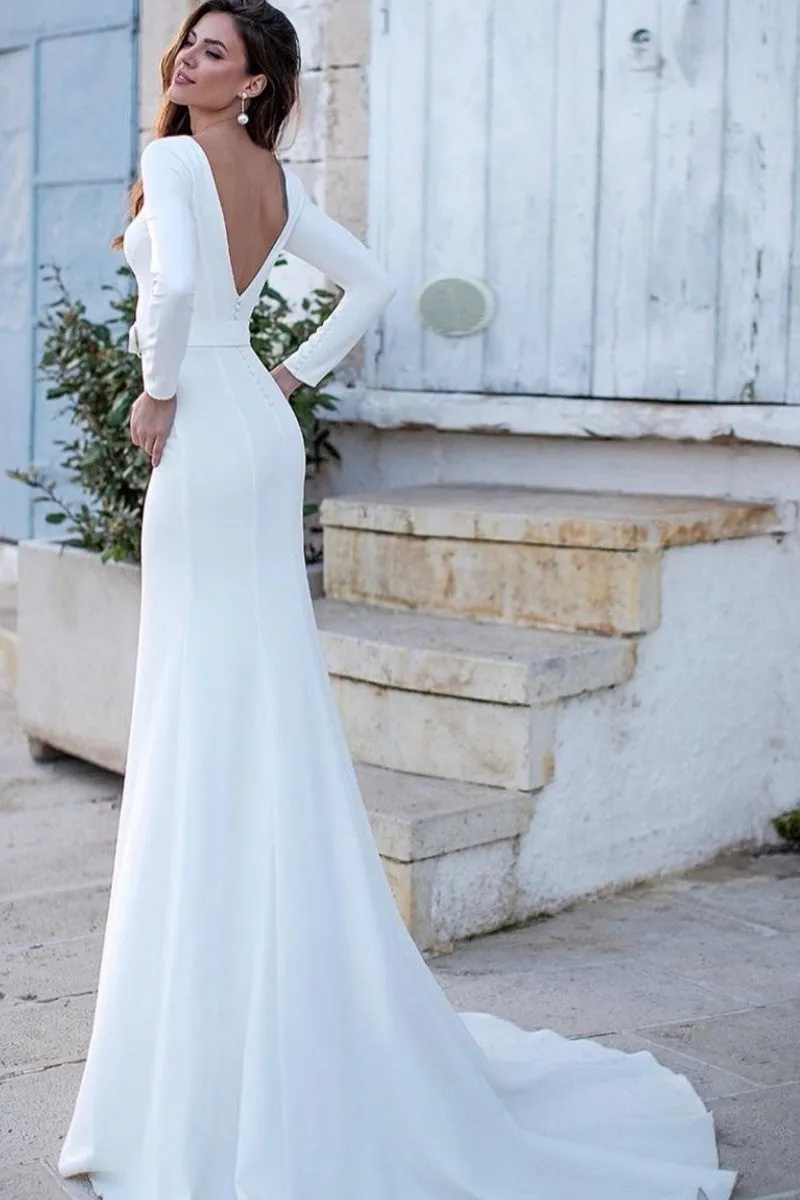 Boat Neckline Simple Bride Dresses with Long Sleeves