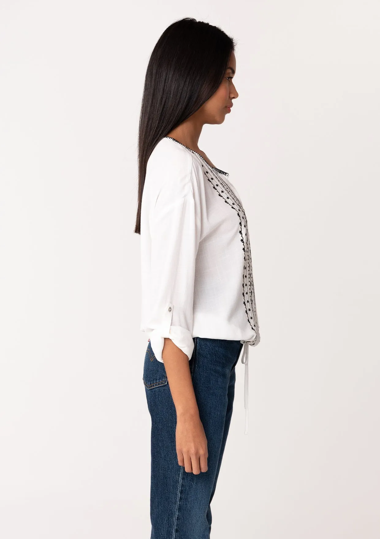 Bohemian Embroidered Tie Front Button Down Blouse