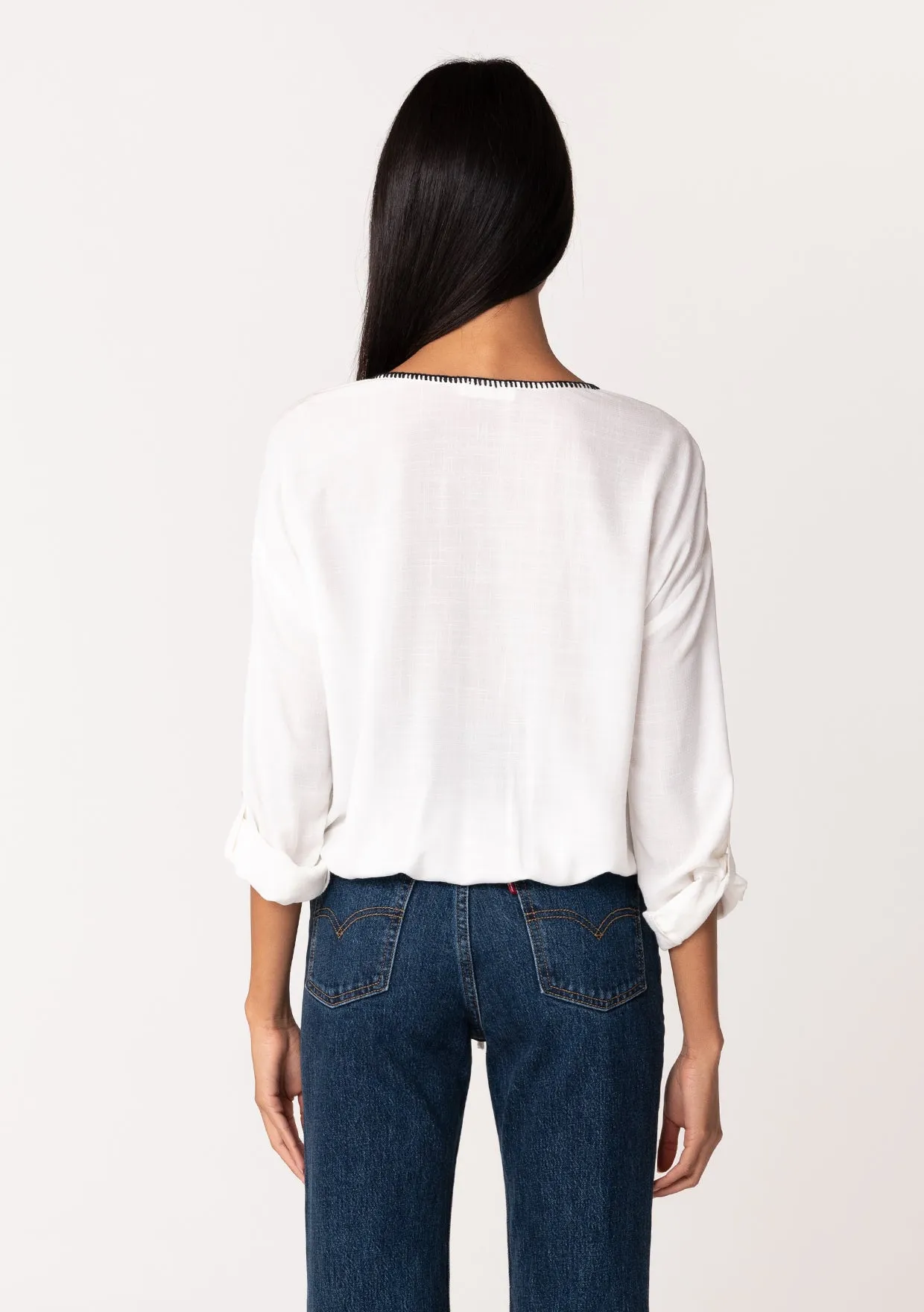 Bohemian Embroidered Tie Front Button Down Blouse