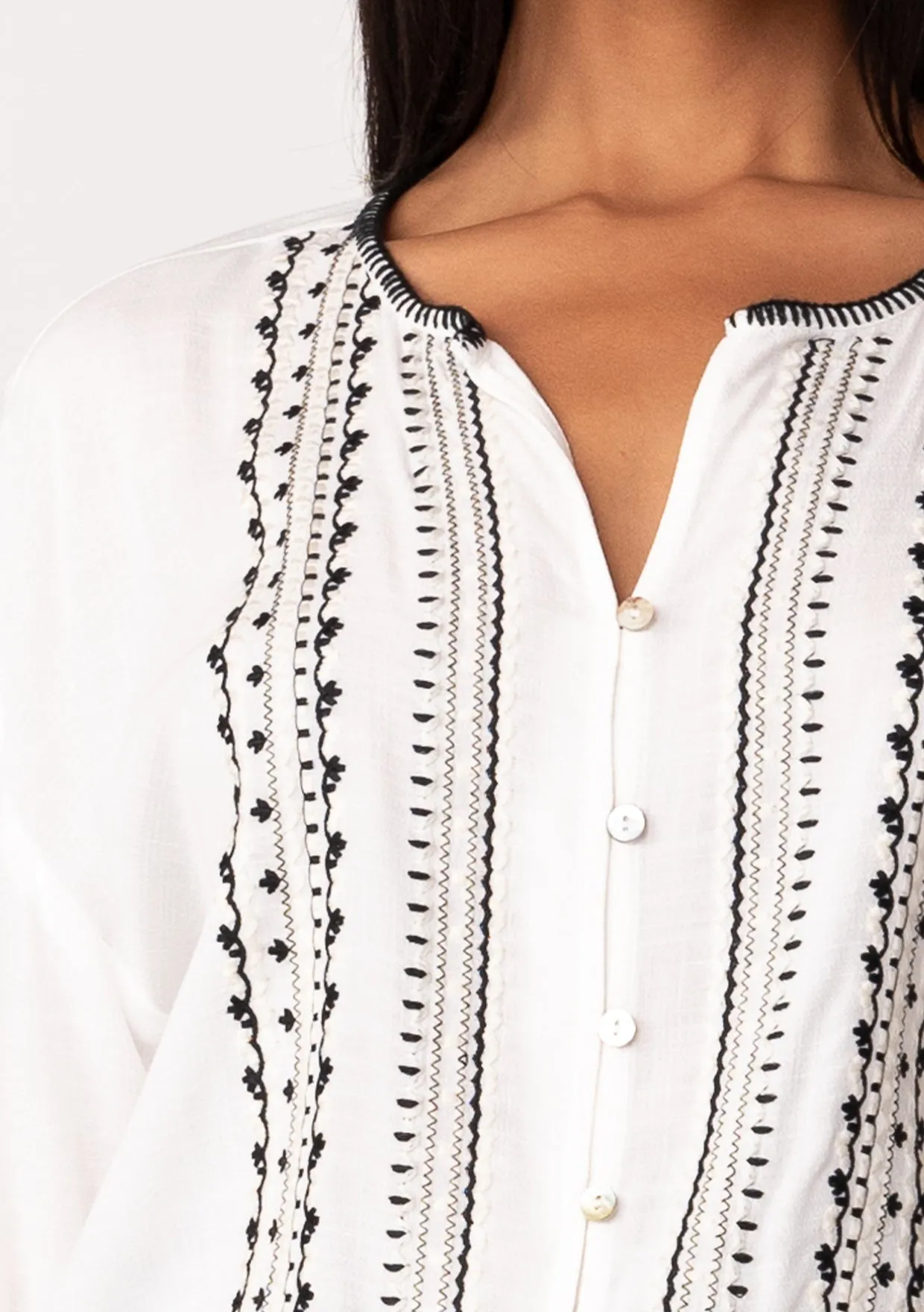 Bohemian Embroidered Tie Front Button Down Blouse