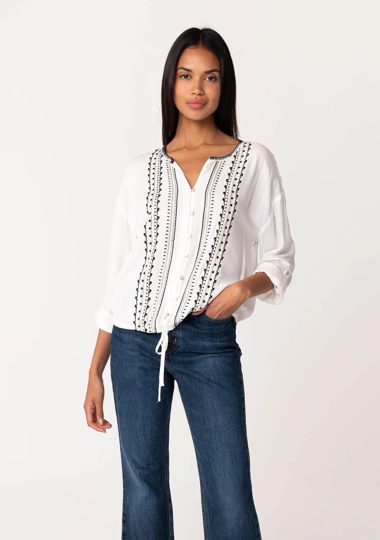 Bohemian Embroidered Tie Front Button Down Blouse
