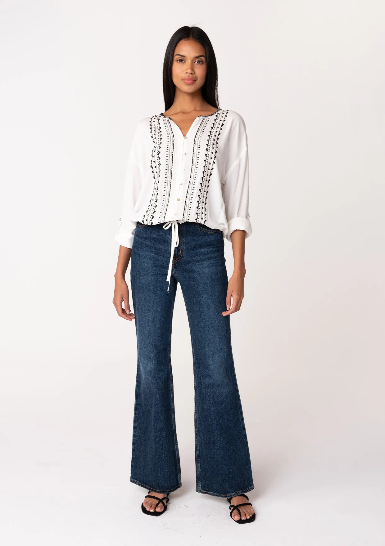 Bohemian Embroidered Tie Front Button Down Blouse