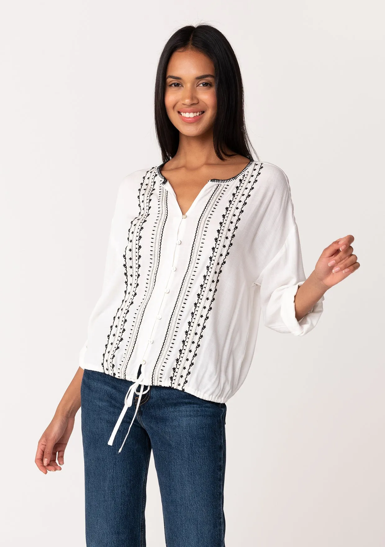Bohemian Embroidered Tie Front Button Down Blouse