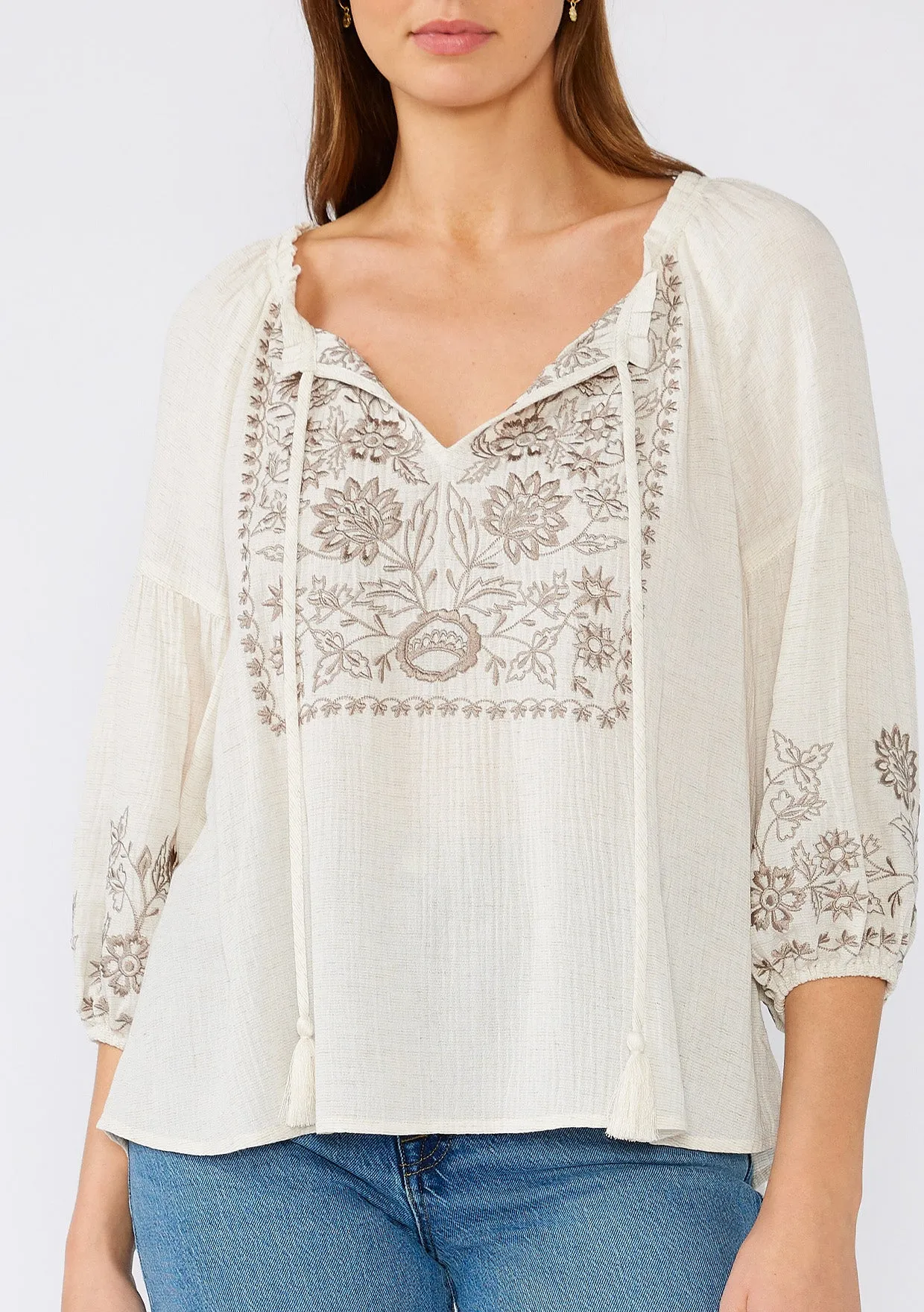 Bohemian Embroidered Tie Front Peasant Blouse