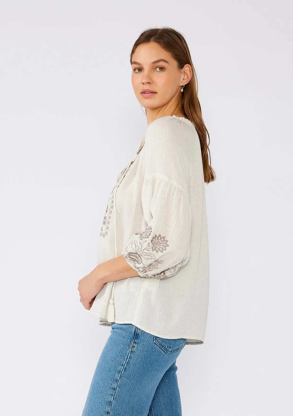 Bohemian Embroidered Tie Front Peasant Blouse