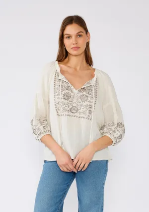 Bohemian Embroidered Tie Front Peasant Blouse