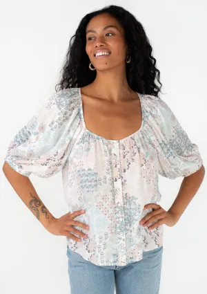 Bohemian Floral Balloon Sleeve Button Front Top