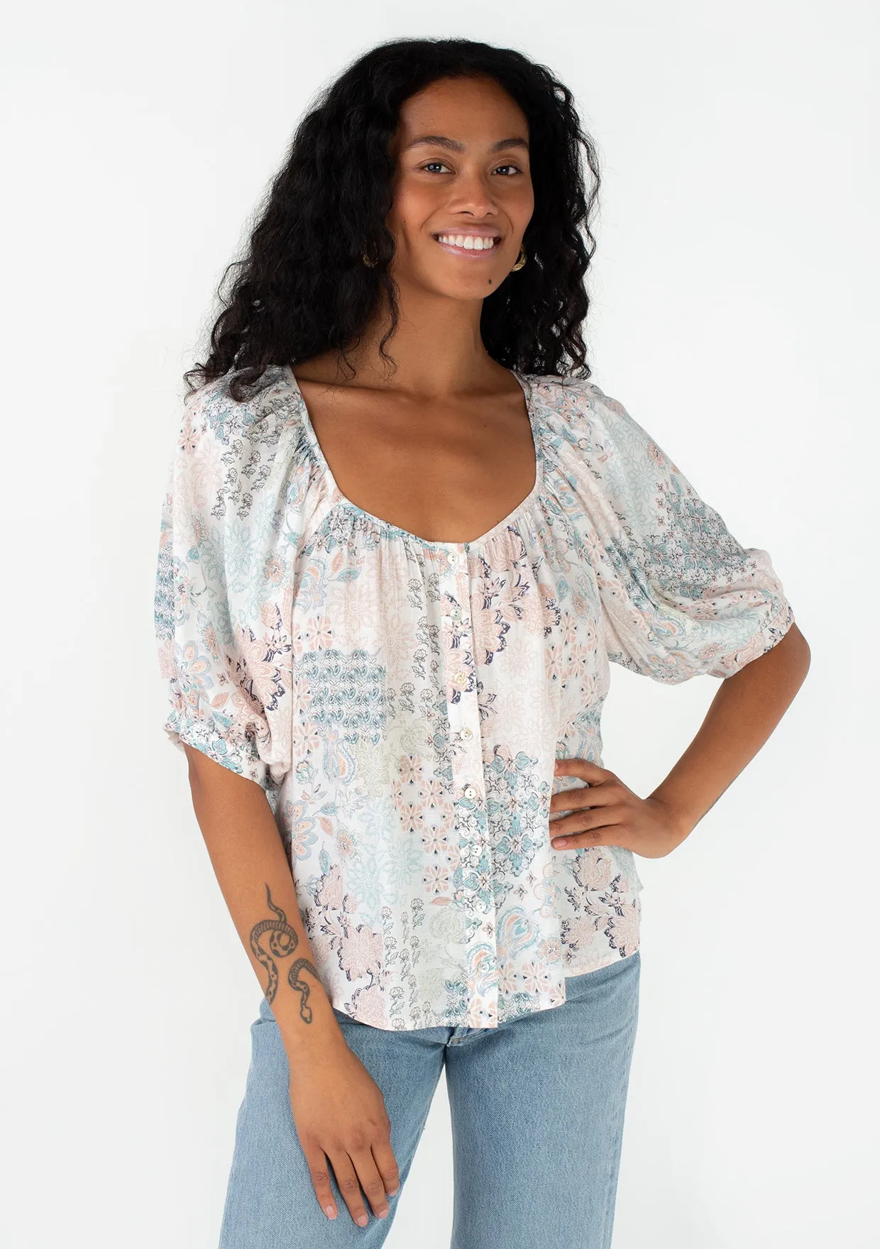 Bohemian Floral Balloon Sleeve Button Front Top