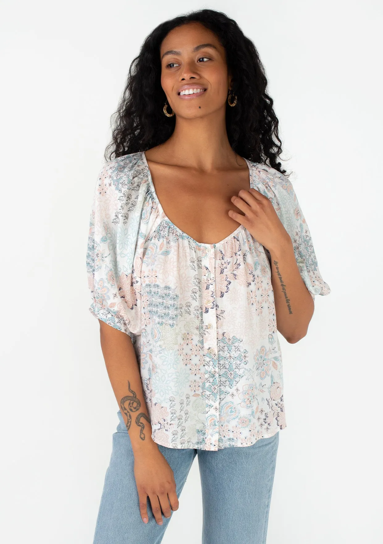 Bohemian Floral Balloon Sleeve Button Front Top