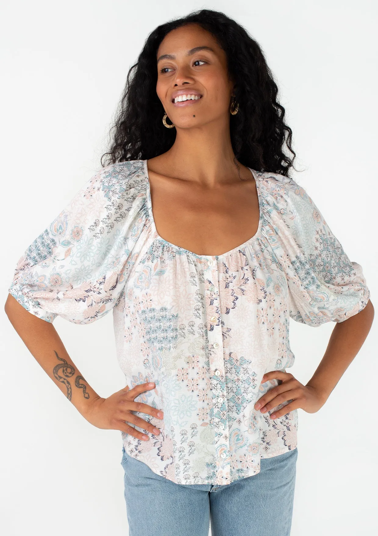 Bohemian Floral Balloon Sleeve Button Front Top