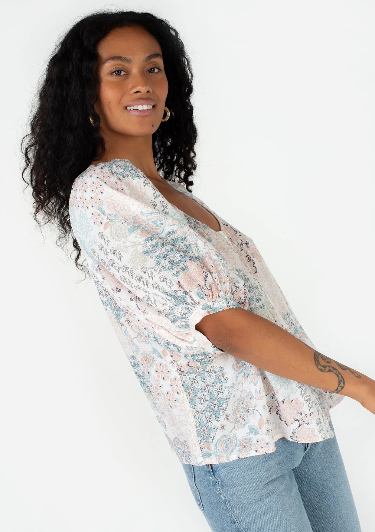 Bohemian Floral Balloon Sleeve Button Front Top