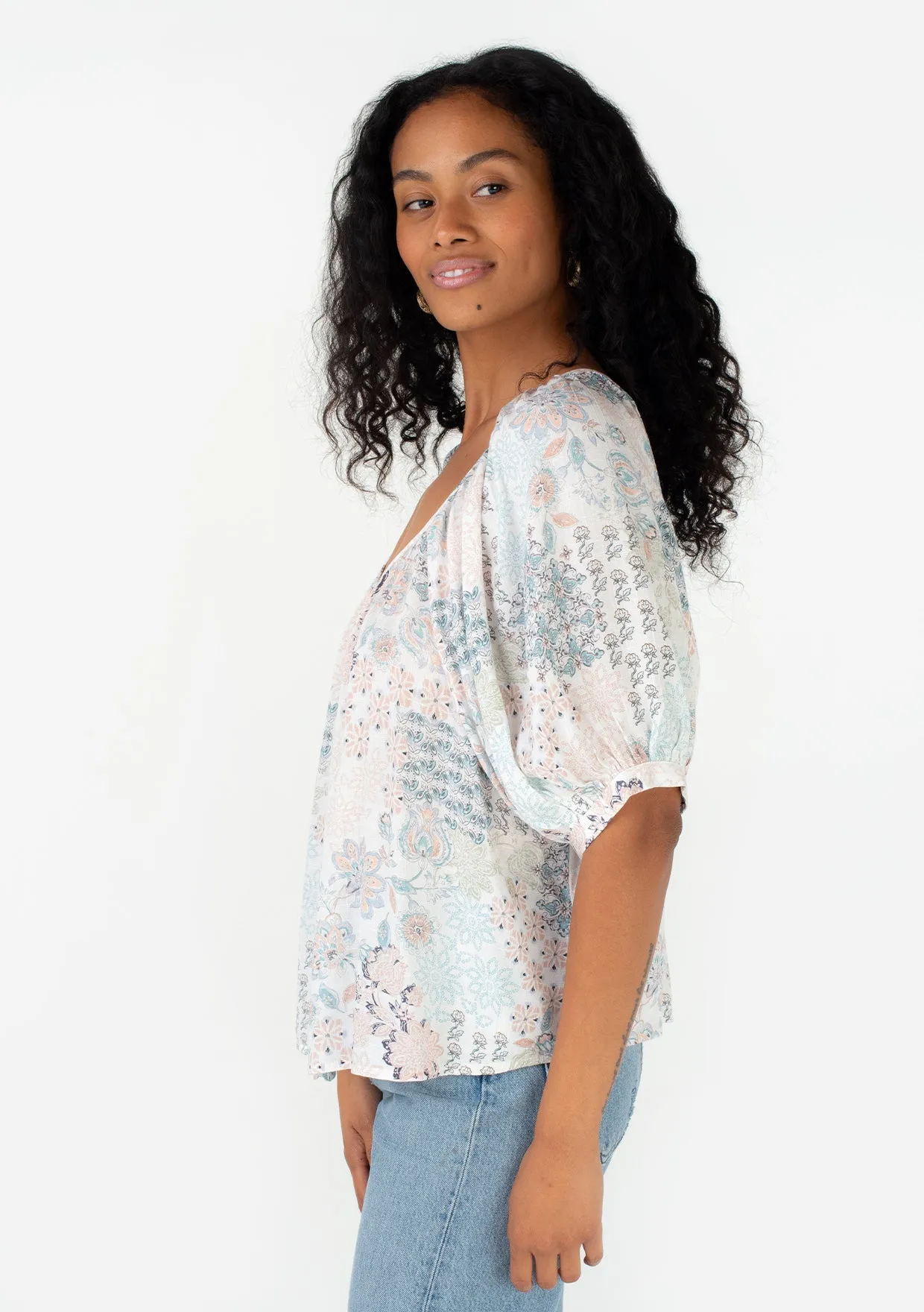 Bohemian Floral Balloon Sleeve Button Front Top