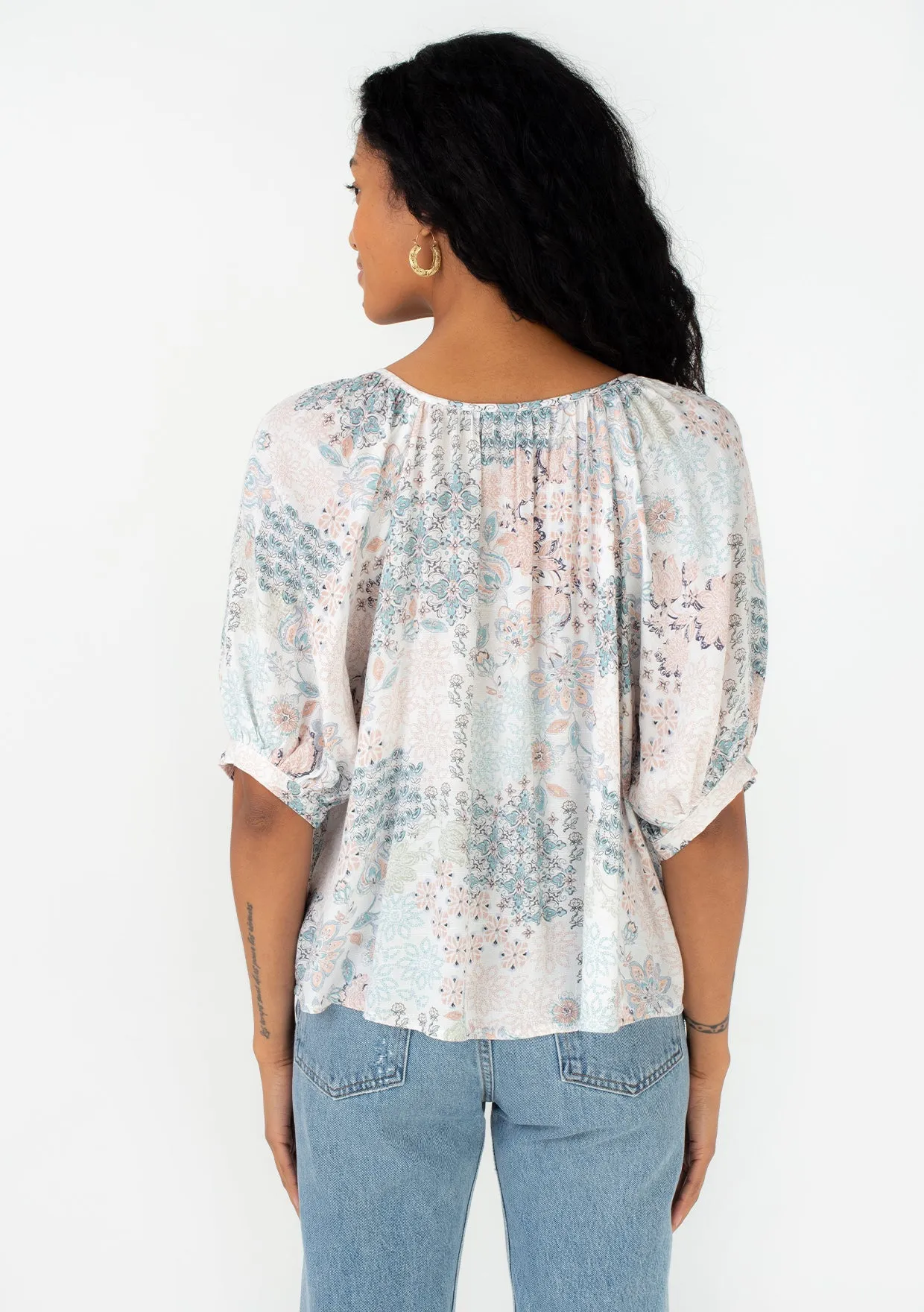 Bohemian Floral Balloon Sleeve Button Front Top