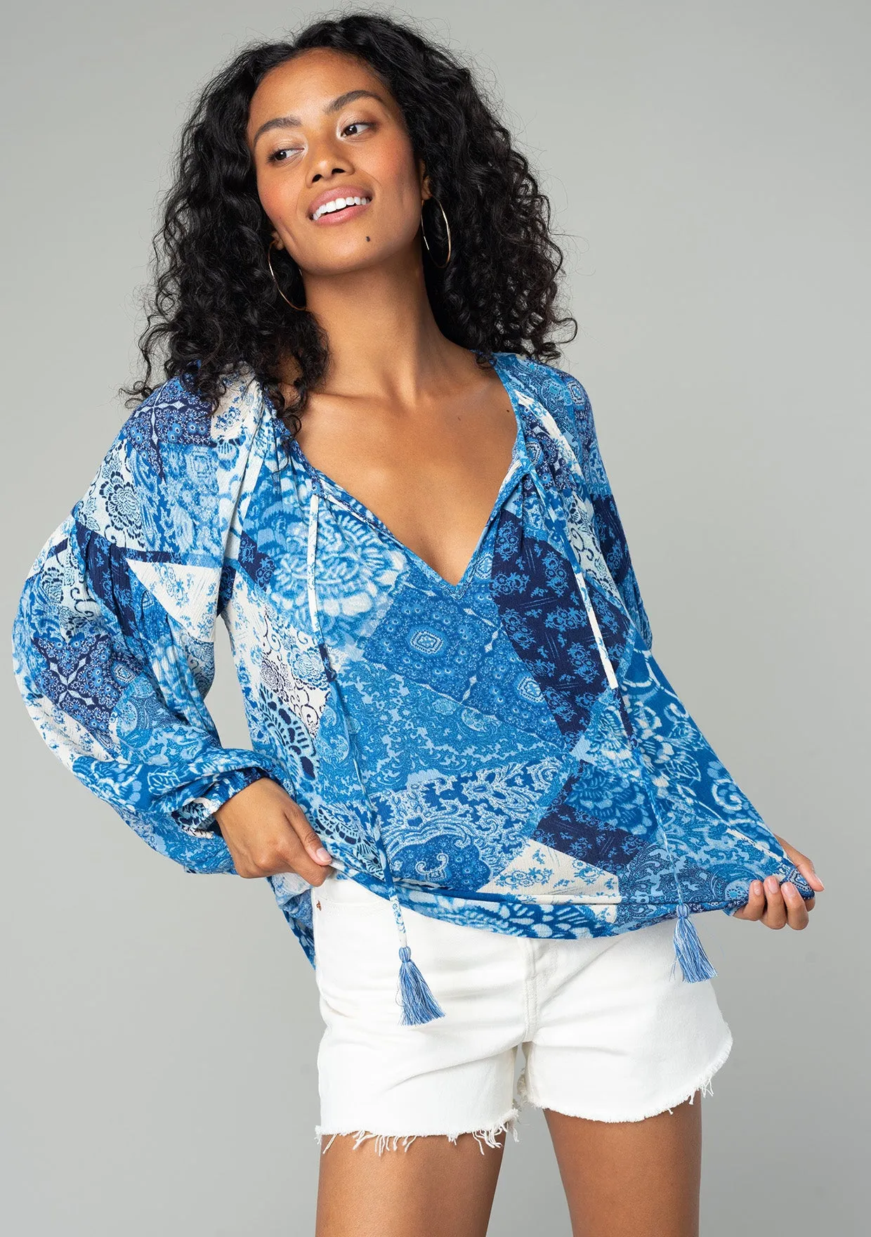 Bohemian Multi Print Long Sleeve Tie Front Blouse