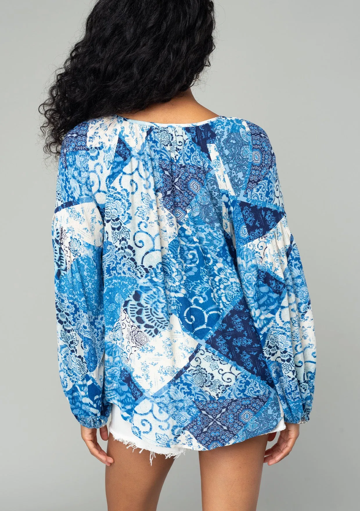Bohemian Multi Print Long Sleeve Tie Front Blouse