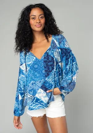 Bohemian Multi Print Long Sleeve Tie Front Blouse