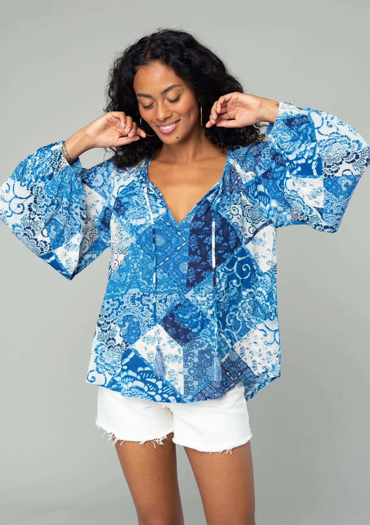 Bohemian Multi Print Long Sleeve Tie Front Blouse
