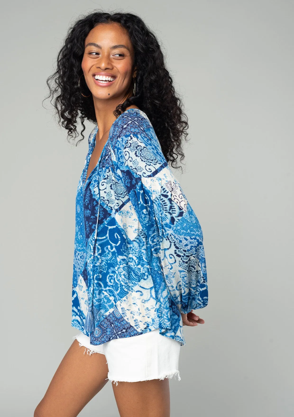 Bohemian Multi Print Long Sleeve Tie Front Blouse