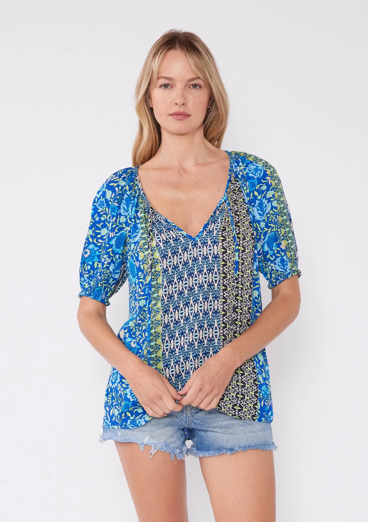 Bohemian Multi-Print Puff Sleeve Tie Neck Blouse