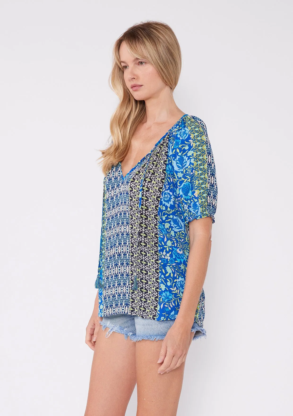 Bohemian Multi-Print Puff Sleeve Tie Neck Blouse