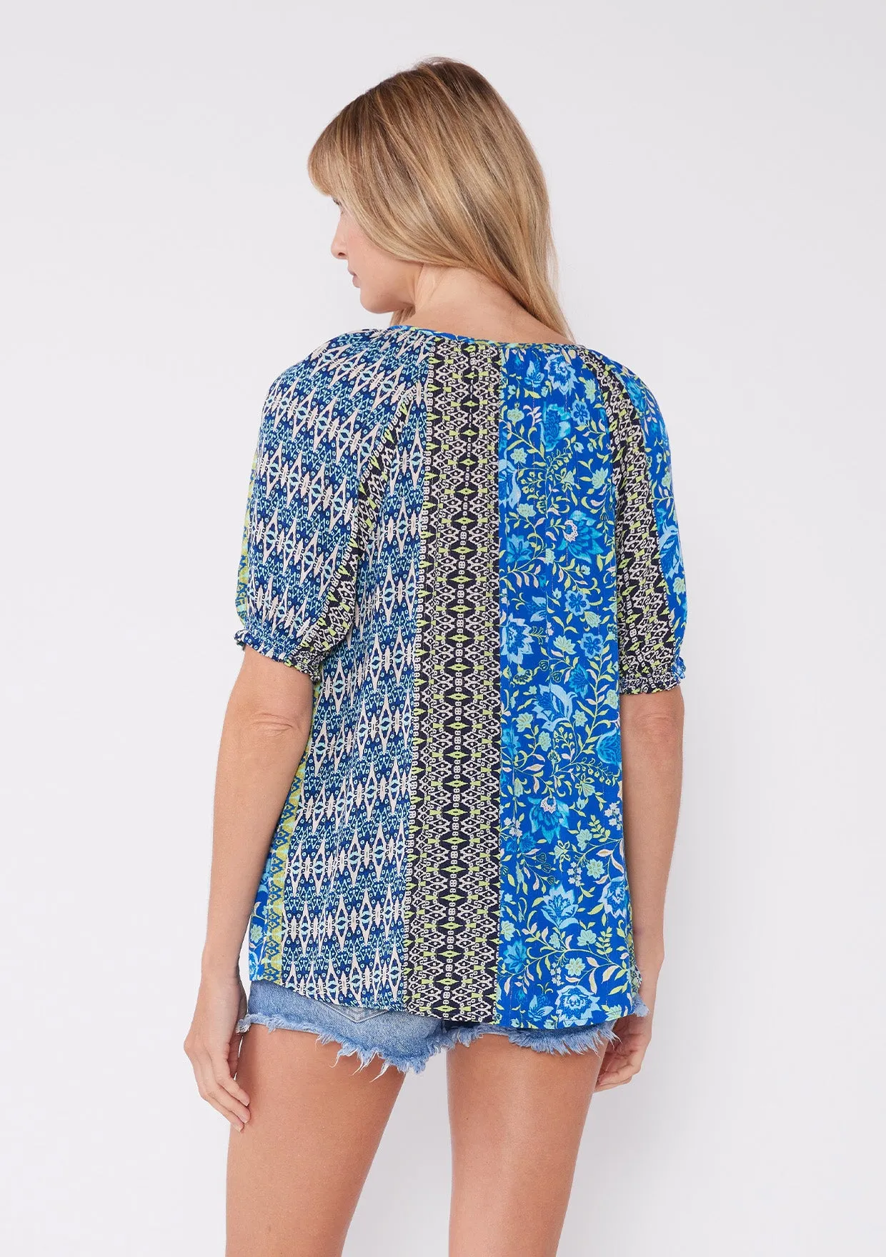 Bohemian Multi-Print Puff Sleeve Tie Neck Blouse