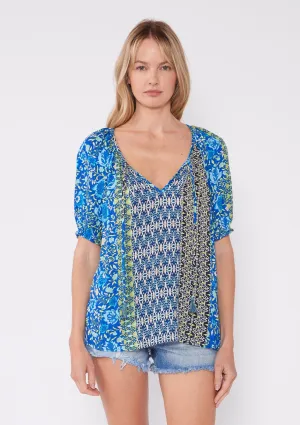 Bohemian Multi-Print Puff Sleeve Tie Neck Blouse