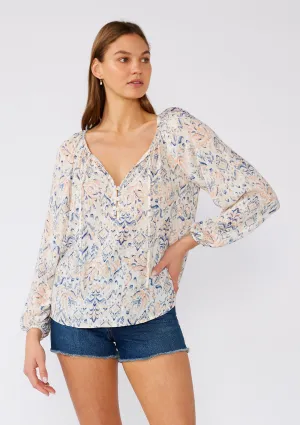 Bohemian Print Long Sleeve Tie Neck Blouse
