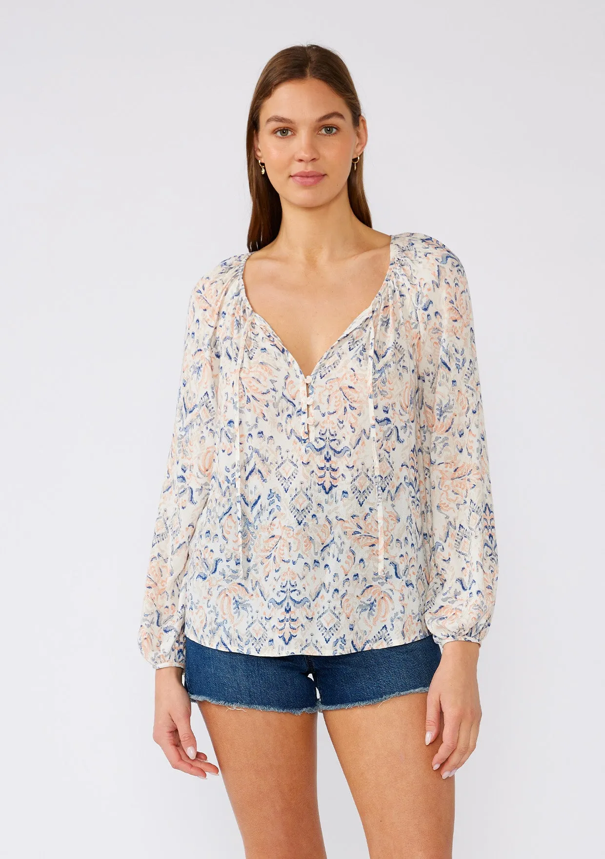 Bohemian Print Long Sleeve Tie Neck Blouse