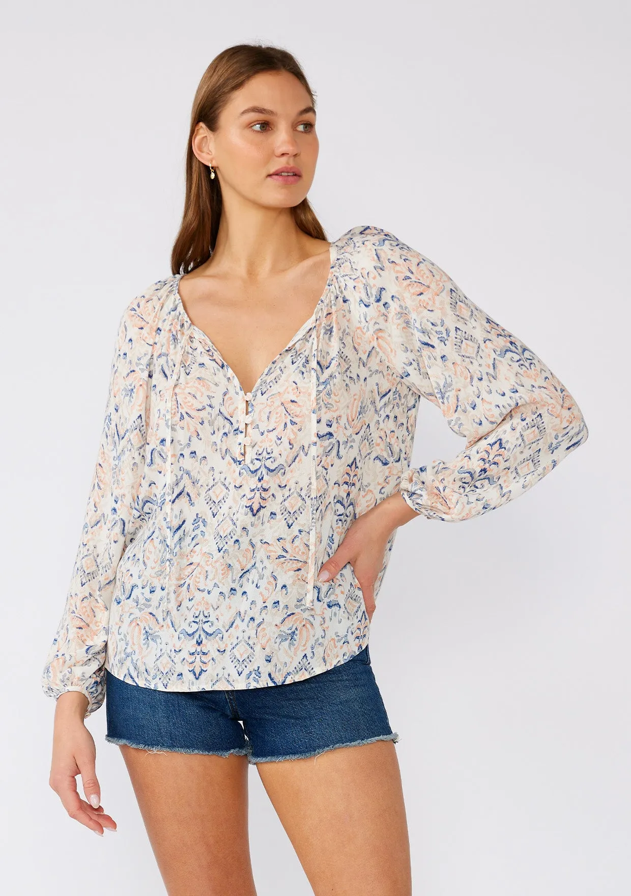 Bohemian Print Long Sleeve Tie Neck Blouse