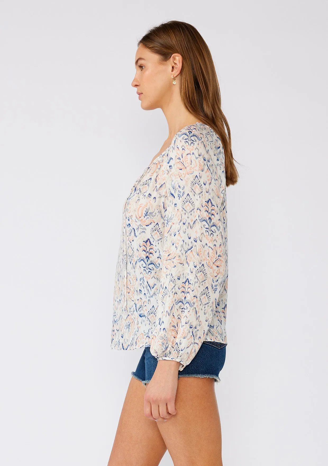 Bohemian Print Long Sleeve Tie Neck Blouse