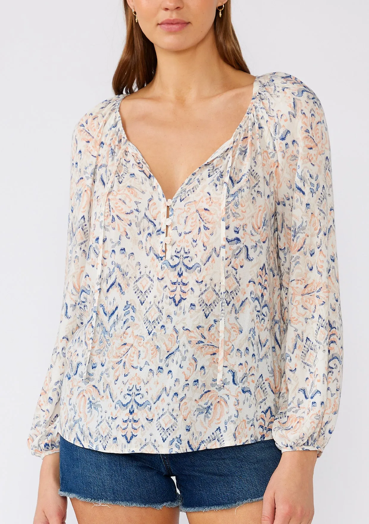 Bohemian Print Long Sleeve Tie Neck Blouse