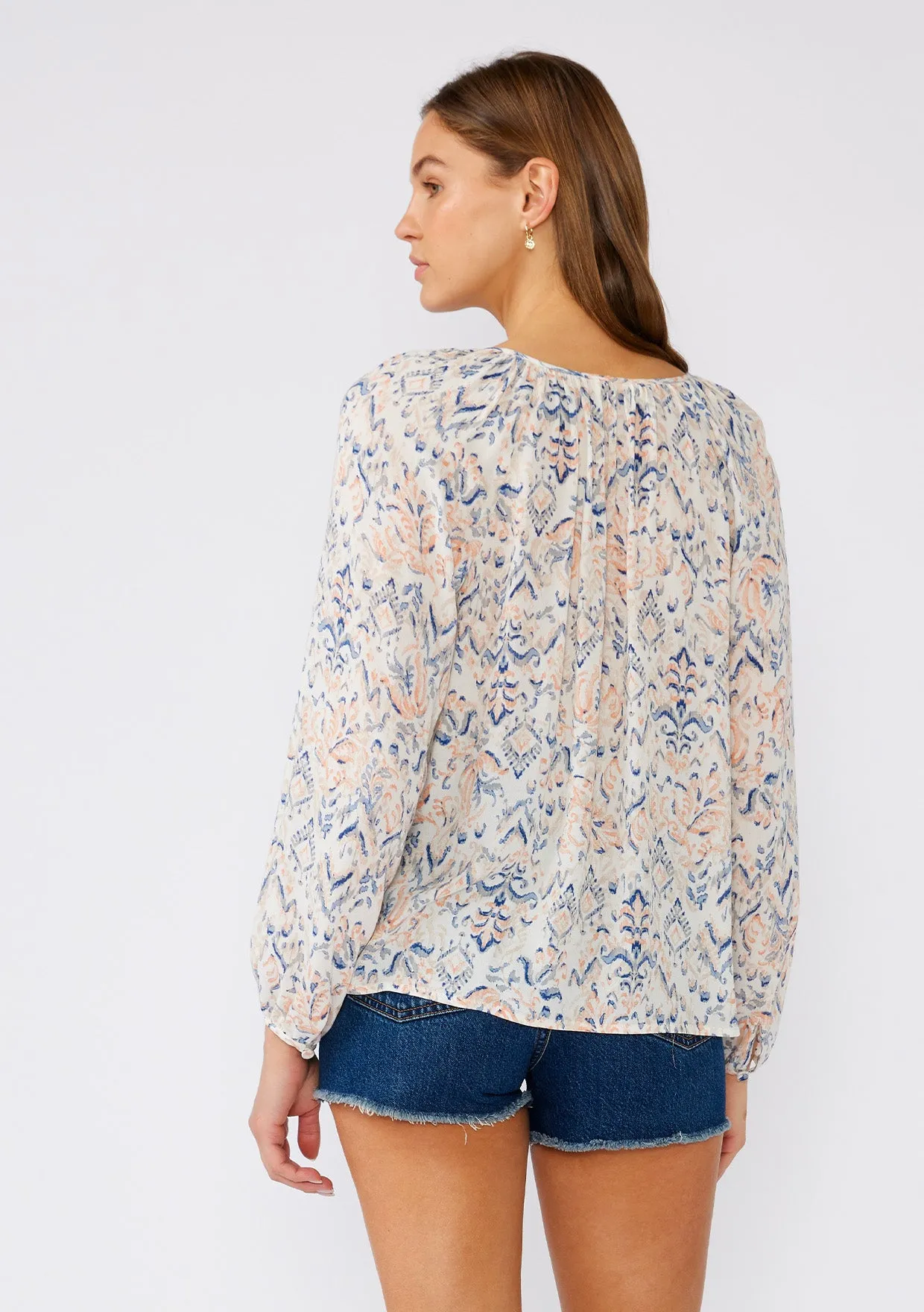 Bohemian Print Long Sleeve Tie Neck Blouse